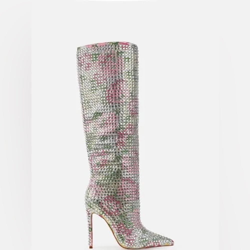 Pink Floral Pattern Diamante Knee High Boots